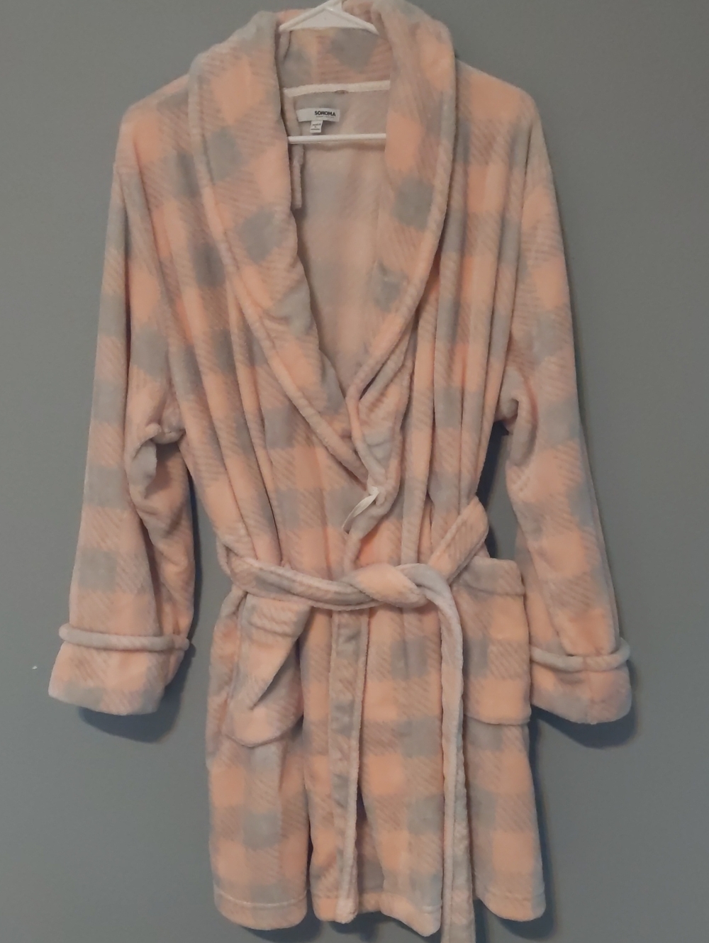 Sonoma Plush Shawl Collar Robe in Peach & Light Gray Plaid